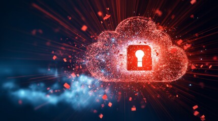 Fototapete - A dynamic representation of cloud security featuring a prominent lock symbol glowing amidst floating data particles. The composition highlights the importance of digital safety in modern technology.