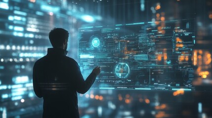 Leinwandbilder - A figure stands facing a glowing digital display filled with data and visualizations, immersed in a high-tech setting that glimmers with light during the nighttime.