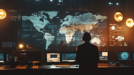 Aufkleber - In a bustling control room, a person stands facing a large world map illuminated on the wall. Multiple monitors show data, charts, and visualizations as evening light filters into the space.