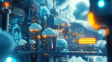 Aufkleber - A digitally rendered image depicts a futuristic cityscape with a variety of buildings and structures. The buildings are made of metal and glass and have a modern, sleek design.