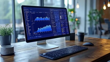 Wall Mural - modern workspace with computer displaying data analytics charts in a bright office environment