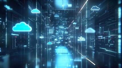 Aufkleber - A vast, illuminated corridor displays numerous digital cloud icons and abstract technology elements. This high-tech environment conveys a sense of advanced data connectivity and innovation.