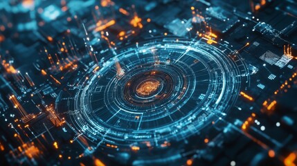 Fototapete - A vibrant, abstract digital circuit design featuring intricate glowing patterns in blue and orange hues.
