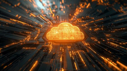Poster - A glowing cloud structure dominates the center of a digital landscape filled with vibrant data streams and circuitry.