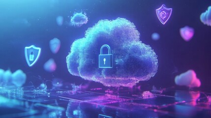 Poster - A digital cloud with a padlock icon in the center is surrounded by other digital clouds and shields. The background is a dark blue with pink and purple hues.