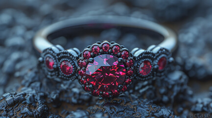 Wall Mural - Intricate Ruby Ring with Floral Designs on Textured Dark Background  
