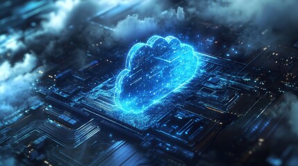Leinwandbilder - A glowing, blue cloud icon is depicted as a digital representation of the cloud, resting on a dark, futuristic circuit board. White smoke or vapor trails pass behind the image.