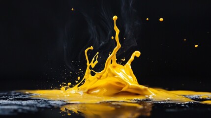 Wall Mural - Yellow paint splash captured mid-air on black background