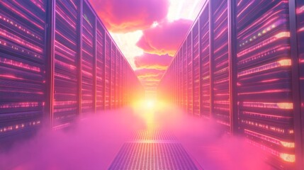 Aufkleber - The vibrant corridor is flanked by high-tech servers that emit a radiant glow. A stunning sunset creates an enchanting ambiance, enhancing the scene's digital and futuristic atmosphere.