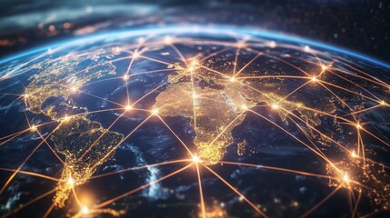Fototapete - The image depicts a view of Earth from space, showcasing a vibrant network of cities. Illuminated areas represent urban regions connected by overlapping lines, symbolizing technological links.