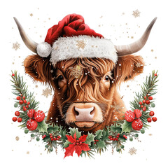 Canvas Print - Highland Cow Wearing Santa Hat Surrounded by Mistletoe and Christmas Decorations for Festive and Seasonal Themes in Celebratory Imagery