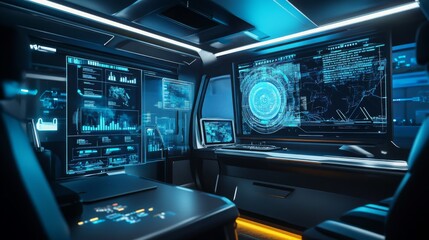 Leinwandbilder - A futuristic control room is filled with multiple high-tech displays showcasing intricate data visuals and graphs.