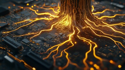 Poster - Bright electric currents burst forth from a circuit board, mimicking a volcanic eruption, showcasing the intricate details of technology.