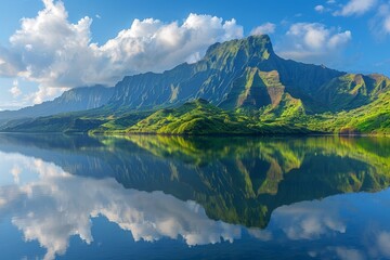 Wall Mural - The clear blue lake mirrors the towering mountain and fluffy clouds, creating a breathtaking view of nature's beauty in a tropical landscape filled with vibrant greenery.