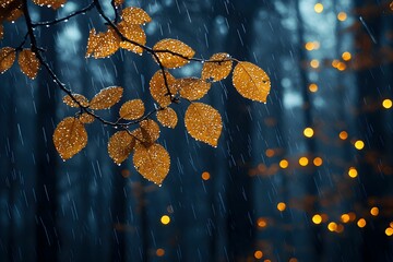 Canvas Print - Raindrops on autumn leaves with soft glowing lights in background