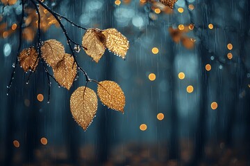 Canvas Print - Autumn leaves glisten in rain with a blurred forest backdrop