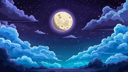 Wall Mural - a clear moonlit night sky with fluffy clouds and stars