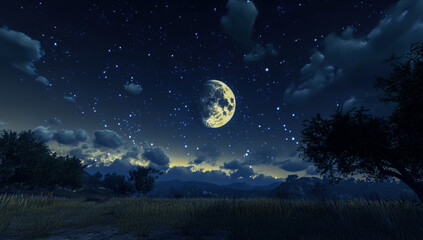 Wall Mural - a clear moonlit night sky with fluffy clouds and stars