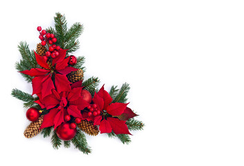 Wall Mural - christmas decoration. flowers of red orange poinsettia, branch christmas tree, red balls, red berrie