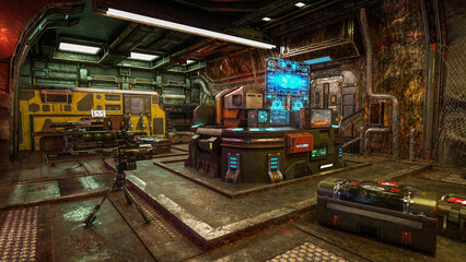 Wall Mural - fantasy futuristic underground military bunker built in a cave. 3d render.