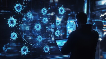Aufkleber - A person sits at a laptop late at night studying a large digital display filled with virus data. The screen shows a complex network of virus particles and intricate data streams.