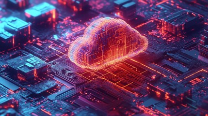 Aufkleber - A neon-colored cloud symbol is shown floating above a complex and colorful circuit board, with bright red and blue lights. The symbol is made of glowing lines.