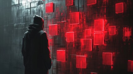 Leinwandbilder - A shadowy figure in a dark hooded jacket stands against a textured wall, examining bright red squares that illuminate the stark, dark environment, creating an eerie yet intriguing atmosphere.