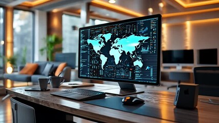 Wall Mural - modern workspace with computer displaying global data analytics in a bright, stylish office setting