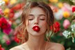 © Olsek - A young woman enjoys the beauty of nature in a vibrant flower garden. She holds a rose in her lips. This portrait captures serenity and elegance. Generative AI