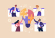 © nadzeya26 - Online Business Discussion Concept. Vector illustration of a group of diverse people in web windows assembling a light bulb puzzle. Isolated on background