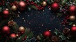 © Giovanni - Christmas background with red and gold baubles, fir tree branches, and holly on a dark backdrop, accented by sparkling elements and festive treats.