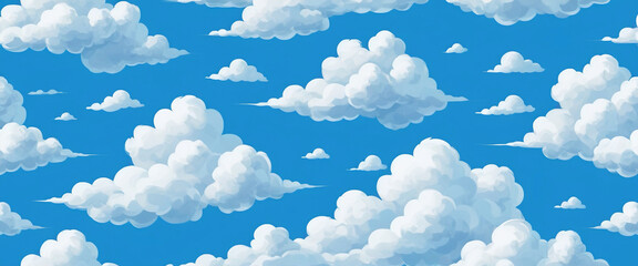 Wall Mural - Beautiful seamless pattern featuring white fluffy clouds floating on a bright blue sky, creating a cheerful and dreamy atmosphere, perfect for various design projects.