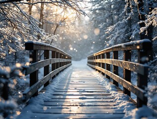 Poster - A cinematic winter scene of a wooden bridge in a snow-covered forest, delicate snowflakes falling in motion, glowing sunlight reflecting off the icy surface of the bridge, frost-covered branches frami