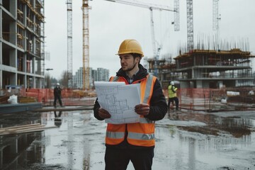 Fototapete - An engineer stands on a construction site, holding blueprints, while overseeing work amidst cranes and scaffolding in cloudy conditions. Generative AI