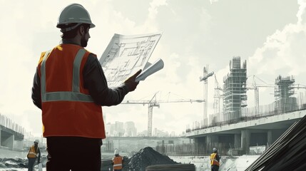 Fototapete - Engineer stands on construction site examining blueprints while construction workers operate machinery in the background around midday. Generative AI