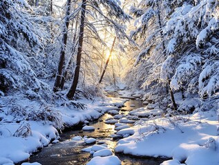 Poster - A frozen river winding through a snowy forest, soft sunlight breaking through the mist, snow-covered branches in cinematic focus
