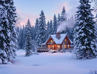 Poster - A quaint wooden cabin nestled in a snowy clearing, warm light spilling from frosted windows, smoke curling from the chimney