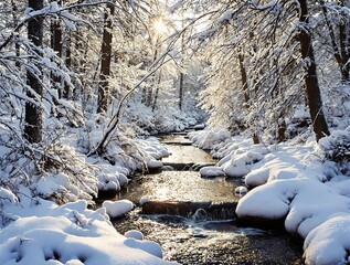 Fototapete - A frozen river winding through a snowy forest, soft sunlight breaking through the mist, snow-covered branches in cinematic focus
