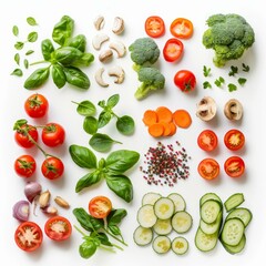 Wall Mural - Various fresh vegetables, herbs and spices are forming a pattern on white background