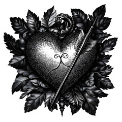 Wall Mural - heart pierced by an arrow, surrounded by leaves, combining elements of romance and detailed artistry sketch engraving generative ai PNG illustration. Scratch board imitation. Black and white image.