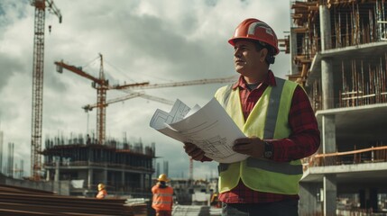 Fototapete - An engineer stands on a busy construction site, carefully inspecting blueprints while overseeing project progress and worker activity. Generative AI