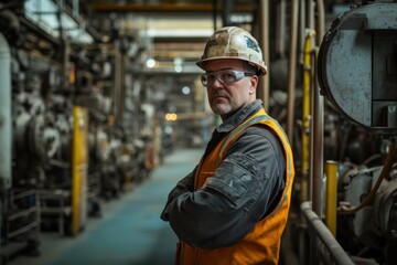 Leinwandbilder - The engineer poses with arms crossed in an industrial factory filled with machinery, showcasing a focused and determined demeanor. Generative AI