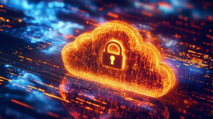 Poster - A glowing, orange, cloud-shaped digital icon sits on a field of blue and orange digital lines. A padlock icon rests in the middle of the cloud.