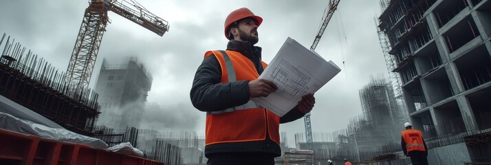 Fototapete - An engineer stands on a busy construction site holding detailed blueprints. Heavy machinery and cranes are visible in the background. Generative AI