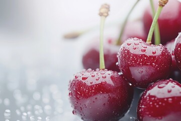 Sticker - Fresh cherries glistening with water droplets in a soft light setting