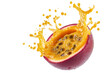 © TANATPON - Fresh Passion fruit half exploding with splash and wavy motion showing seeds and tropical essence isolated on background.