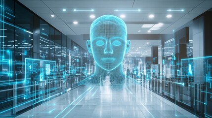 Poster - A large digital face is projected in a sleek urban setting. The transparent design highlights the intersection of technology and architecture, creating a futuristic atmosphere that invites curiosity.