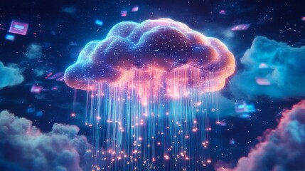 Fototapete - A colorful digital cloud releases streams of data droplets, illuminating the dark sky filled with stars and floating particles.