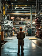 Leinwandbilder - An engineer stands calmly in a large industrial factory, observing the complex machinery and operations around him in the evening. Generative AI