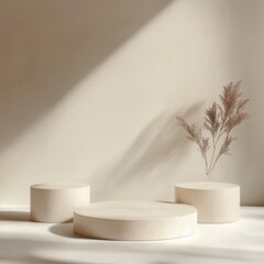 Poster - Minimalist display with textured platforms and a single dried plant arranged in a modern interior